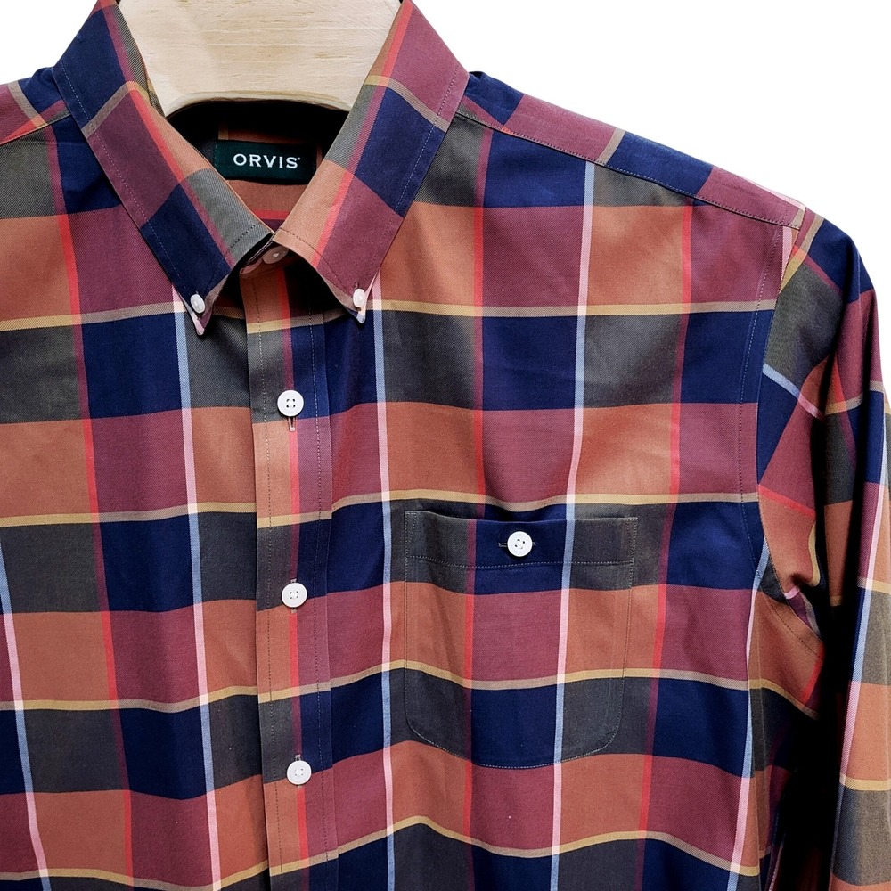 Orvis Mens XL Plaid Button Down Shirt Long Sleeve Cotton‎ Blend Casual Pocket